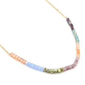 Rainbow Beaded Necklace Gold Tone Chain Cube Crystals Colorful Lightweight